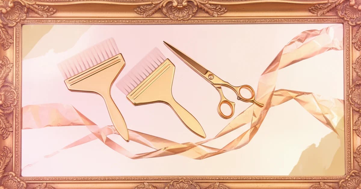 Elegant salon mirror with gold frame reflecting professional styling tools for hairstylist confidence and empowerment