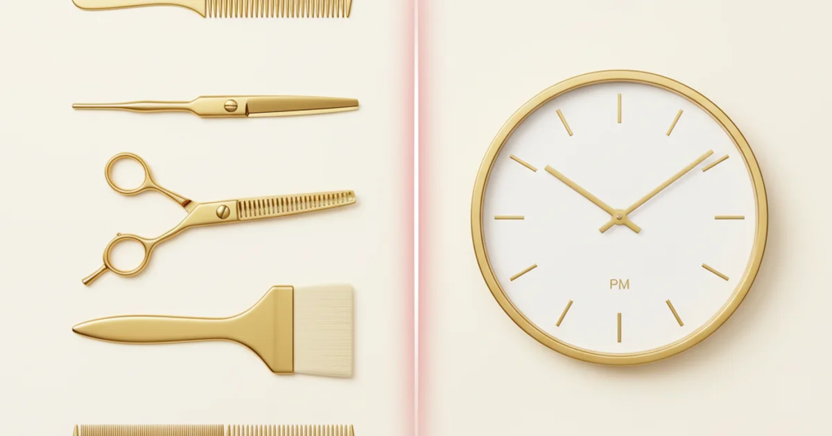 Clean boundary line dividing gold salon styling tools and elegant clock for professional time management