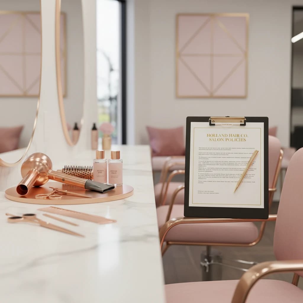 Salon cancellation policy template on a phone screen showing booking confirmation with deposit and no show fee details