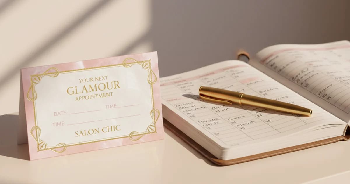 Appointment reminder card on salon checkout counter with open calendar and gold pen for rebooking system
