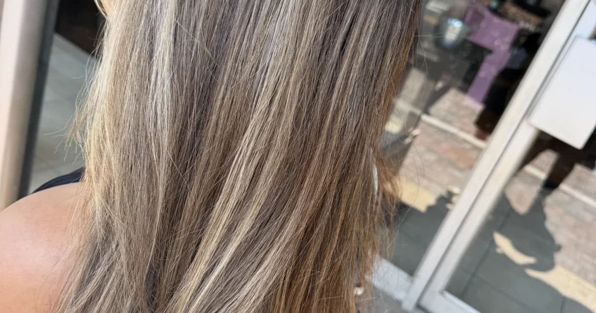 Ash brown balayage with natural wavy texture and back view by Brooke Holland hairstylist