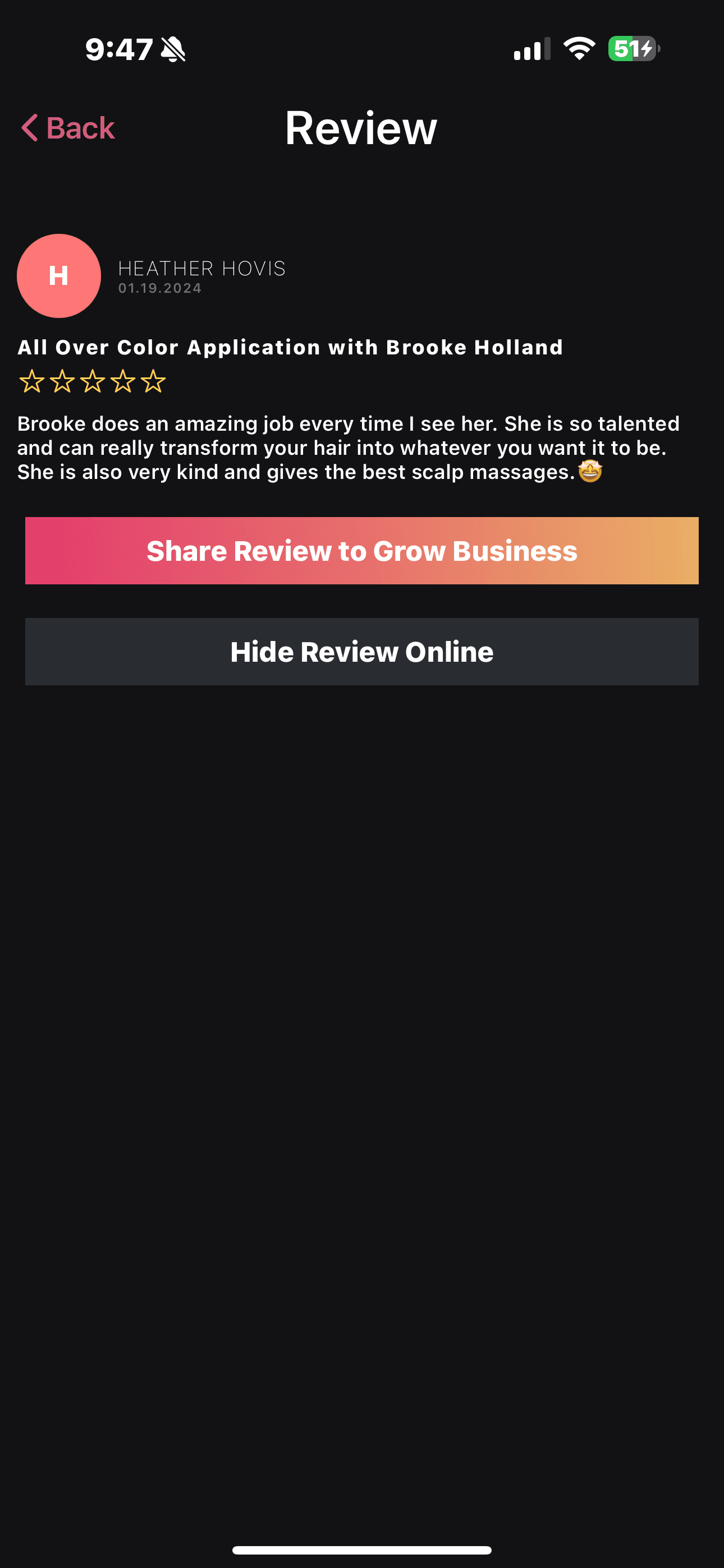 Five star Google review from Heather praising Brooke for her kindness and hair transformation