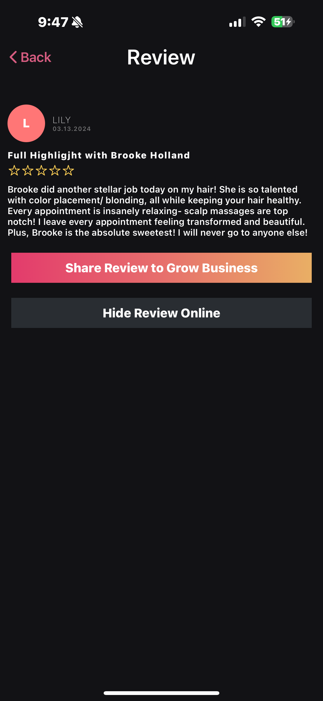 Five star Google review from Lily praising Brooke for her highlighting and blonding talent